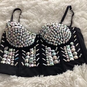 Lydia USA Sequins Bustier Crop Top, Size Small, Color Black , Silver Sequins